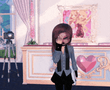 a girl covering her face in front of a pink heart