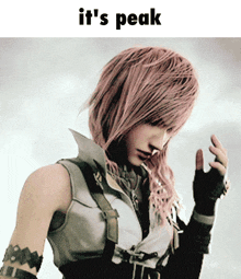 a picture of a girl with pink hair and the words it 's peak above her
