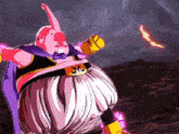 a cartoon character with a purple cape and a big belly is standing in the desert .