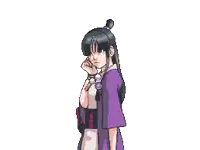 a pixel art of a girl in a purple dress talking on a cell phone .