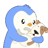 a blue and white penguin is holding a small brown and white dog