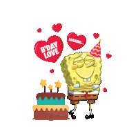 a cartoon of spongebob hugging a birthday cake with a red heart that says b'day love