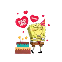 a cartoon of spongebob hugging a birthday cake with a red heart that says b'day love