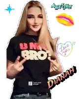 a woman wearing a t-shirt that says u mad bro