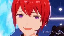 a close up of a red haired anime character with the words knights the phantom thief on the bottom right