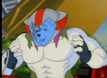 a cartoon character wearing a helmet and gloves is flexing his muscles