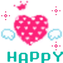 a blue heart with white polka dots is surrounded by clouds and the words happy