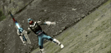 a man in a superhero costume is standing on a grassy hill with a sword in his hand .