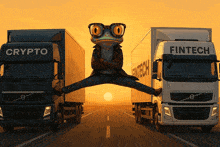 a lizard is jumping between two trucks one of which says fintech