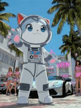 a cartoon drawing of a cat in a space suit standing in front of a building that says wen