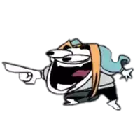 a cartoon character is laughing and pointing at something with a gun .