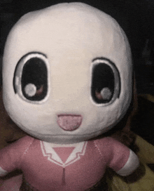 a close up of a stuffed animal with a pink shirt on .