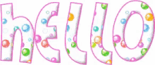 the word hello is written in pink letters with colorful bubbles