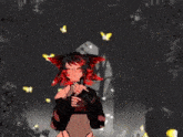 a 3d anime girl with red hair and glasses is standing in front of a rock and a butterfly .