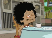 a cartoon character sits at a table with a cup of coffee on it