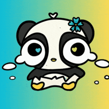 a cartoon panda bear with a blue flower in its hair