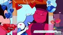 a couple of cartoon characters are hugging each other with hearts in the background and the words picmix on the bottom right