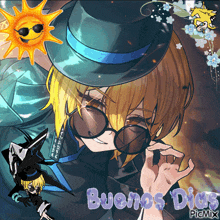 a picture of a man wearing sunglasses and a hat with the words buenos dias written on it