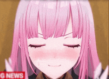 a girl with pink hair is smiling in front of a sign that says ' g news '