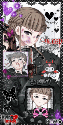 a picture of a girl with blood on her face is surrounded by purple hearts and butterflies