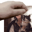 a person is holding a cat in their arms and a cat is looking at the camera .