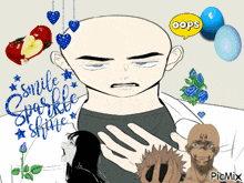 a drawing of a bald man with a speech bubble that says " oops "
