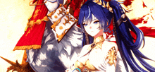 a girl with long blue hair is sitting next to a man with a sword