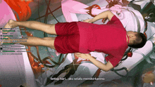 a man in a red shirt is laying on a bed with the words setiap hari aku selalu memikiranmu written below him
