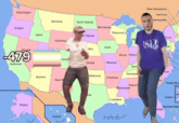 two men are dancing in front of a map of the united states with the number 479
