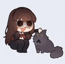 a cartoon of a girl petting a cat with a smiley face