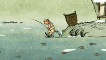 a cartoon drawing of a man fishing in a river