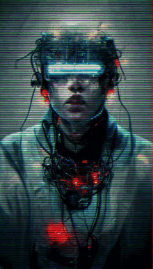 a man wearing headphones and a virtual reality headset looks at the camera