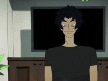 a cartoon character in a black shirt stands in front of a television