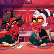 a couple of cartoon characters sitting on a table eating food .