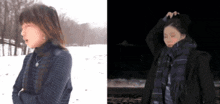 a woman in a scarf stands in the snow next to another woman