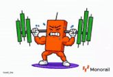 a cartoon drawing of an orange block lifting a barbell with the words monorail in the corner