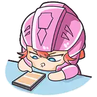 a cartoon of a girl wearing a pink helmet looking at a cell phone .