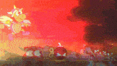 a cartoon character with horns and a sword stands next to a bomb with the letter o on it
