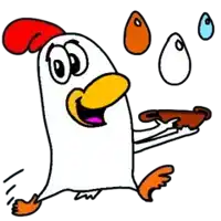 a cartoon chicken is holding a tray of food with eggs flying around it .