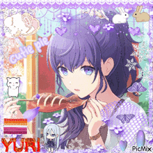 a girl with purple hair is eating a piece of bread with the words cutie pie written on it