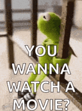 kermit the frog is leaning against a railing and asking if you want to watch a movie .
