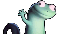 a cartoon lizard with big pink eyes is waving its hand