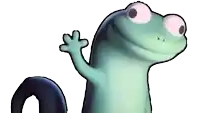 a cartoon lizard with big pink eyes is waving its hand