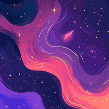 a pink cartoon character with blue eyes stands in a galaxy