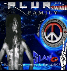 a man singing into a microphone in front of a peace sign and the words plur family