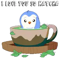 a penguin is sitting in a cup of green tea with the words " i love you so matcha " above it