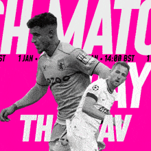 two soccer players on a pink background with the word match in white letters