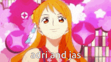 a cartoon of a girl with orange hair and the words adri and jas