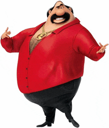 a cartoon character wearing a red shirt and a gold chain