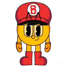 a yellow cartoon character wearing a red hat with a letter b on it